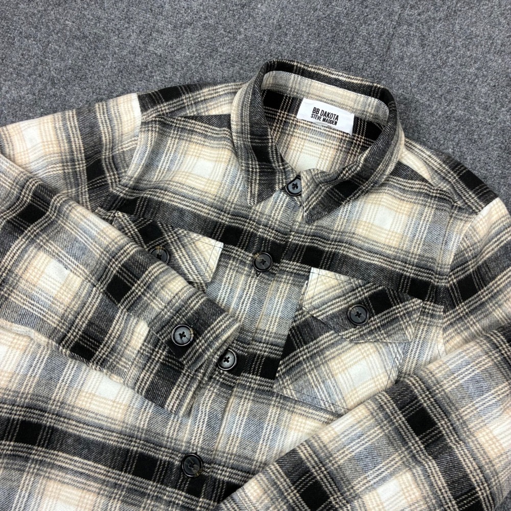 BB Dakota Steve Madden Plaid Shirt Jacket Black Cream Tan Womens Size XL Shacket